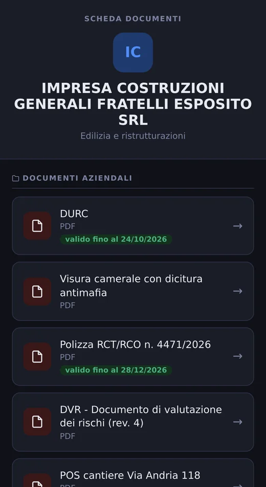 La pagina che vede un'impresa dopo aver inquadrato il QR, dal telefono